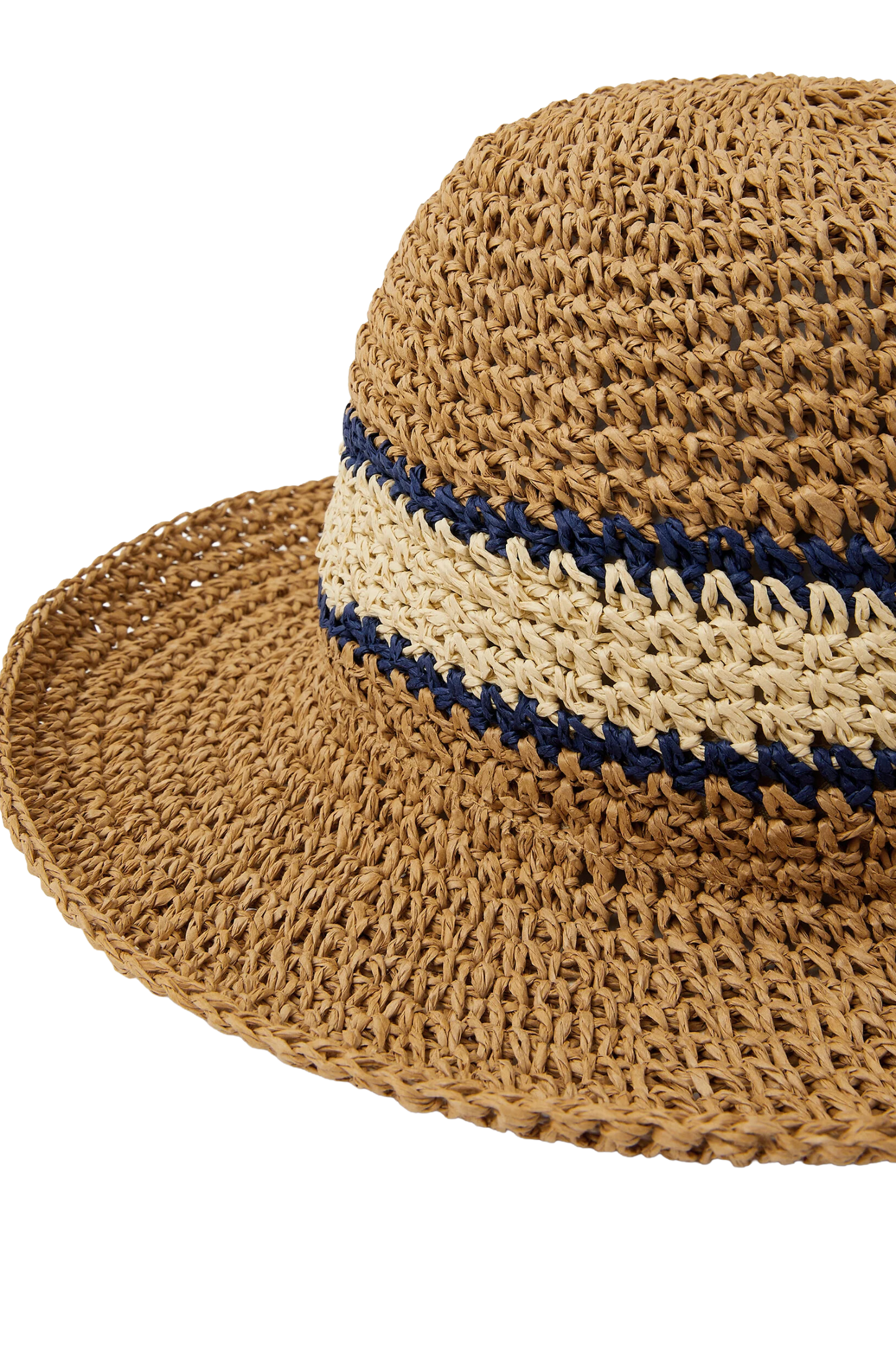Woven Straw Hat with Wide Brim, Natural Brown and Blue Band