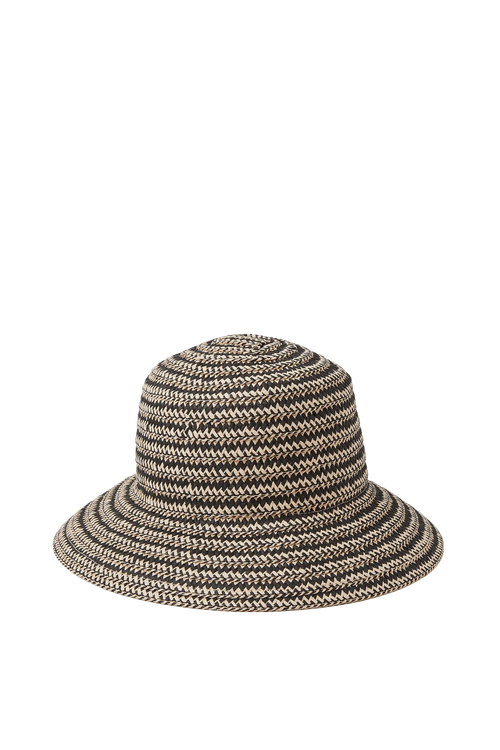 Woven Straw Bucket Hat with Wide Brim, Black and Beige Pattern