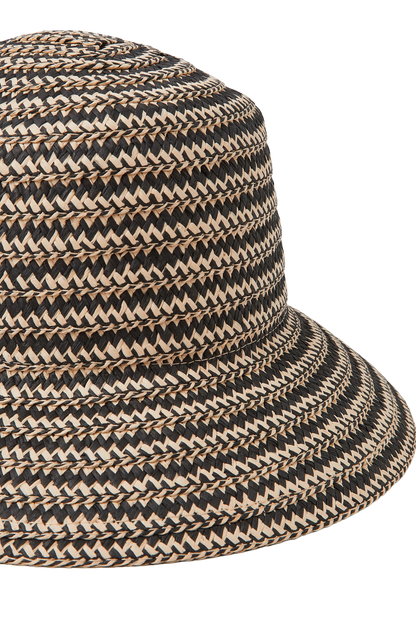 Woven Straw Bucket Hat with Wide Brim, Black and Beige Pattern